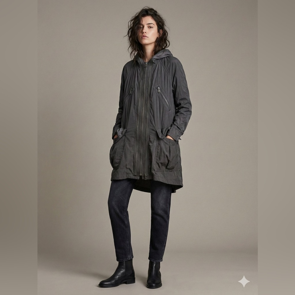 🏴‍☠️ AllSaints Spitalfields Siv Parka Jacket Black Size 10 Oversized Nylon Coat